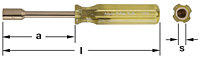 Horizontal image of a nut driver with a clear yellow acetate handle on the right, while the socket nut driver sits left. AMPCO Safety Tools is printed on the handle. Labeled with dimensions a for the socket and shaft length, l for total length and s on a 